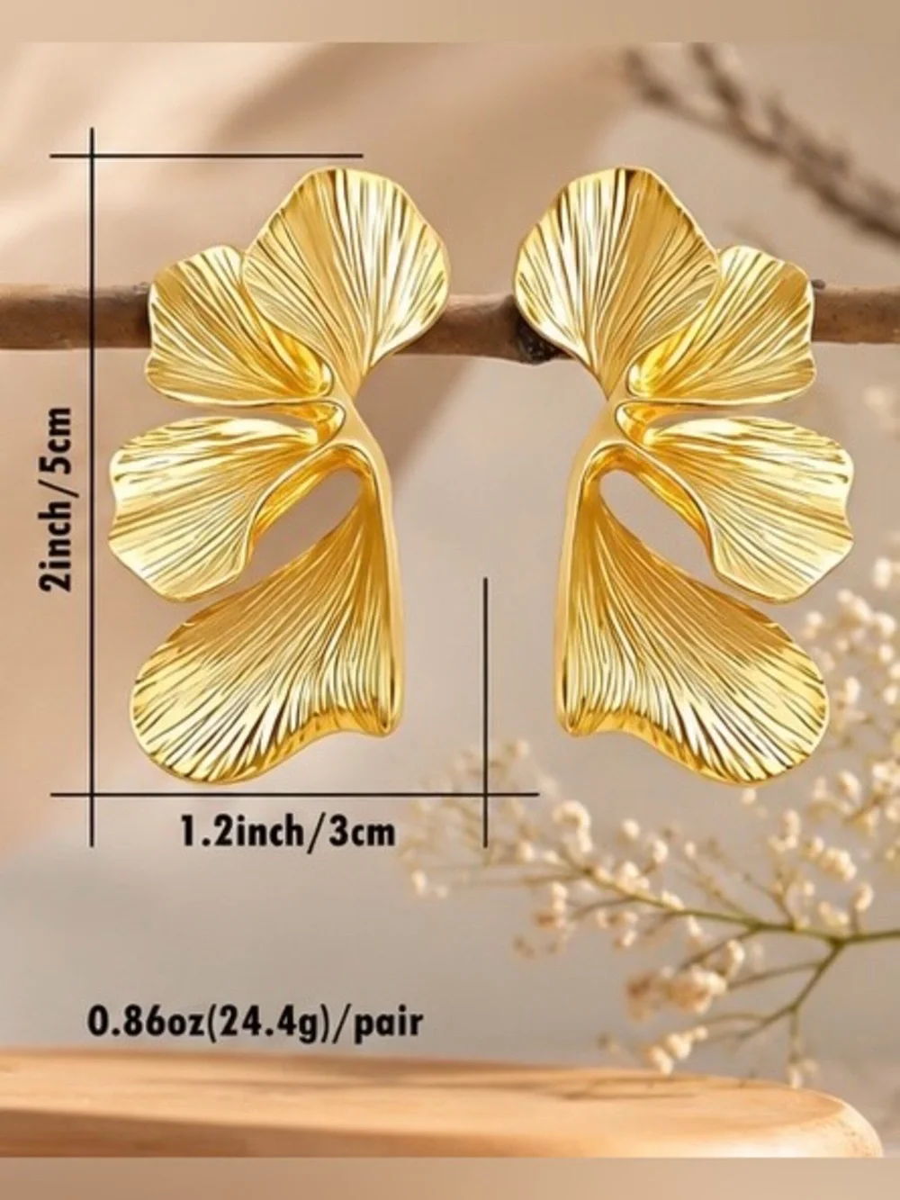 Gold Sculptural Leaf Statement Earrings | Elegant Textured Botanical Designed